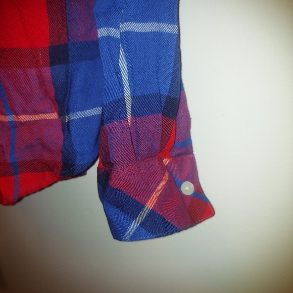 Simons Icone Plaid Boyfriend Long Sleeve Button Up Shirt Blue Red sz M - Picture 7 of 10